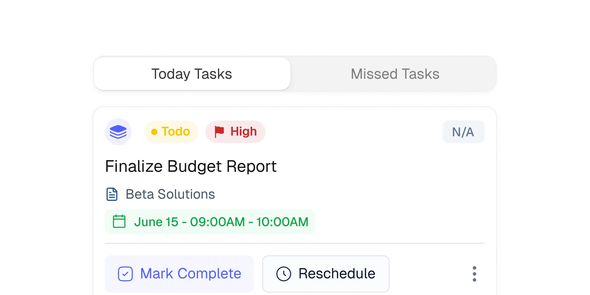 Task card with priority, due time, and actions.